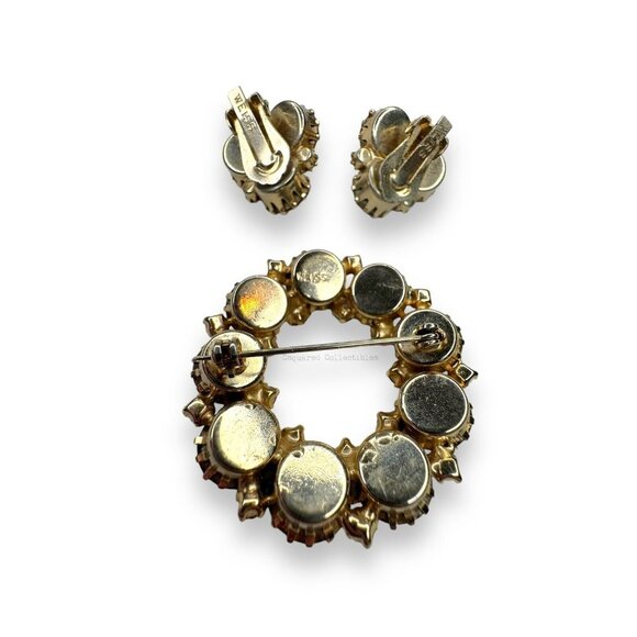 Weiss Brown Tan Topaz Aurora Borealis Crystal Brooch Clip On Earring Set Vintage - Picture 2 of 12